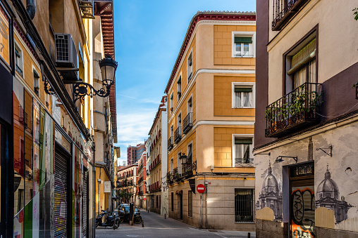 Madrid, Spain - May 8, 2021: Traditional street in the quarter of Las Letras in Central Madrid, Spain