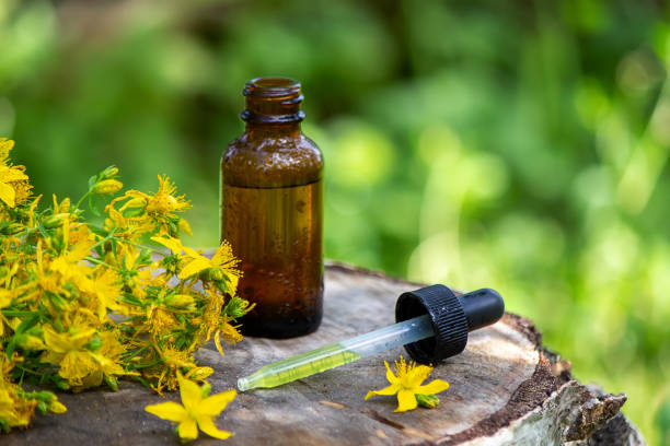 johanniskrautblütenöl in einer glasflasche. auf holzem hintergrund. - hypericum stock-fotos und bilder