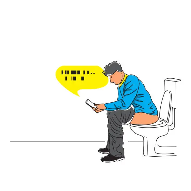Vector illustration of Man sitting on the toilet and using  mobile phone for a long time.