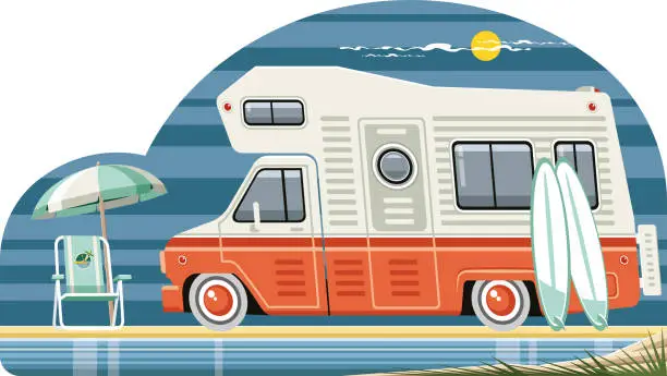Vector illustration of Motor home and beach