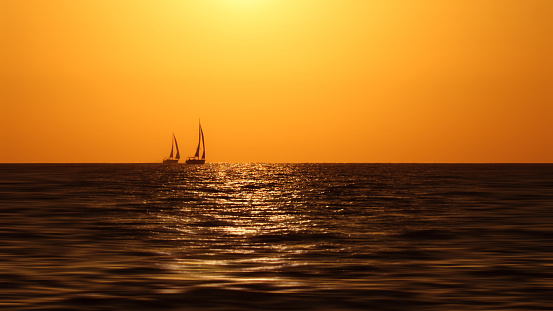 Sea Sunset Yacht Silhouette Golden Hour Sunlight Summer Abstract Gold Rippled Reflection Beautiful Glowing Background Seascape Sun Sky Sepia Beige Brown Toned Horizon Dusk to Night Time Lapse Bokeh Travel 16x9 Format Long Exposure Copy Space Photography for presentation, flyer, card, poster, brochure, banner