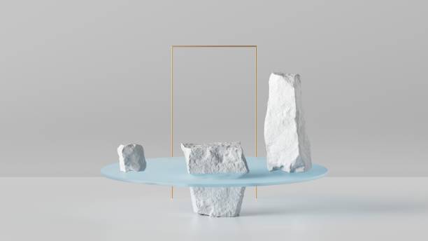 istock 3d render, abstract background with white cobblestone ruins, broken rocks and golden frame. Modern minimal showcase with empty cylinder podium for product presentation 1326312959