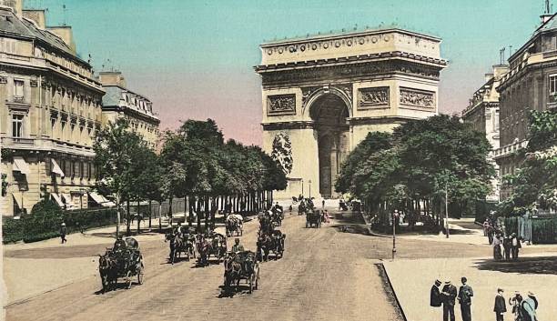 paris, avenue du bois de boulogne and arc de triomphe - paris illüstrasyonlar stock illustrations