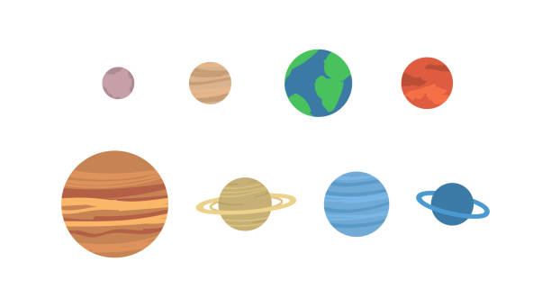 A set of planets of solar system or space objects observed a vector illustration A set of planets of solar system or stars of universe. Space objects observed in astronomical observatory or planetarium. Flat cartoon vector illustration isolated on white. venus planet stock illustrations