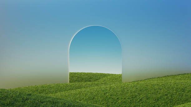 istock 3d render, abstract panoramic background. Minimal landscape with green hills and glass arch under the blue sky. Modern showcase scene 1326315983