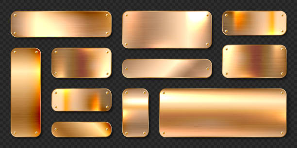 istock Realistic shiny metal banners set. Brushed steel plate with screws. Polished copper metal surface. Vector illustration 1326317590