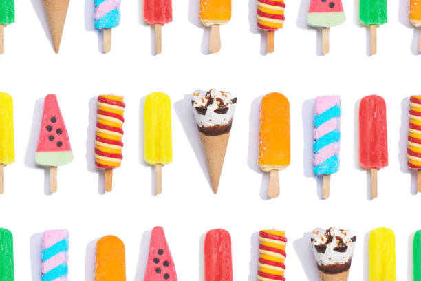 istock Collection of different colorful popsicles  and ice cream on white background. Flat lay composition. 1326319024