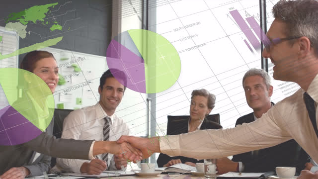 Animation of graphs and charts, over smiling business colleagues shaking hands at meeting