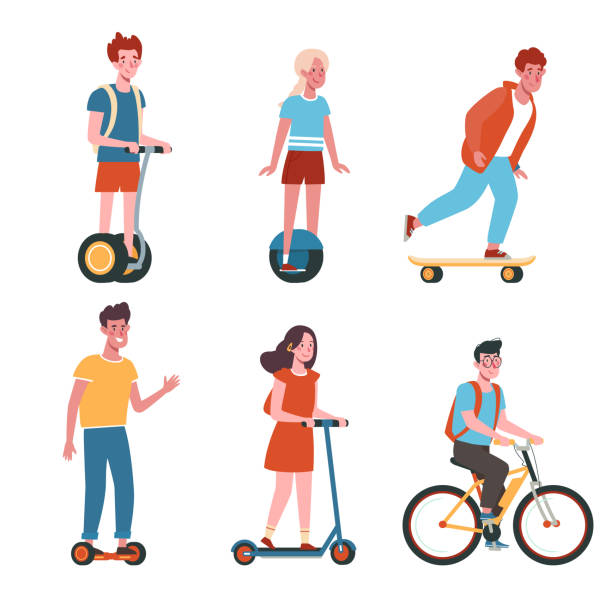 Flat vector collection with kids on electric transport. Children ride bicycles, skateboards, scooters, gyroboards. 
Teenagers, boys and girls ride. Colorful illustration in cartoon style isolated on white background. Flat vector collection with kids on electric transport. Children ride bicycles, skateboards, scooters, gyroboards. 
Teenagers, boys and girls ride. Colorful illustration in cartoon style isolated on white background. scooter stock illustrations