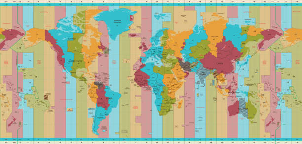 ilustraciones, imágenes clip art, dibujos animados e iconos de stock de zonas horarias estándar detalladas del mapa del mundo - mapa de husos horarios