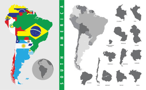 ilustraciones, imágenes clip art, dibujos animados e iconos de stock de mapa detallado en color y en blanco y negro de américa del sur con siluetas y banderas de países - argentina map chile cartography