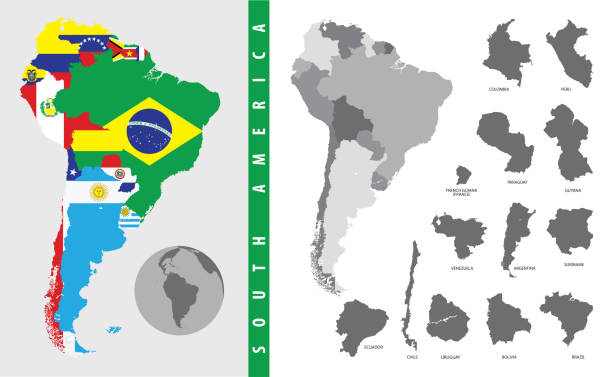 国のシルエットと国旗を持つ南米のカラーと白黒詳細マップ - argentina map chile cartography点のイラスト素材／クリップアート素材／マンガ素材／アイコン素材