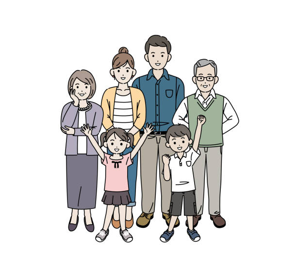 japanische familie illustration - alte frau junger mann stock-grafiken, -clipart, -cartoons und -symbole