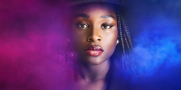 Beautiful elegant African American woman in a hat with 3d render, ultraviolet neon tlight in smog. glowing