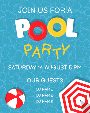Pool party poster design template with water, beach ball, umbrella and floats.