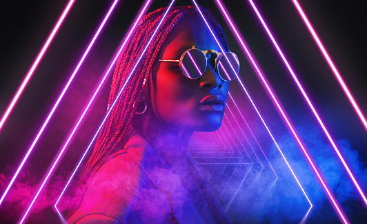 3d render, ultraviolet neon triangular portal, glowing lines, tunnel, corridor, virtual reality, abstract fashion background with afro girl, violet neon lights, arch, pink blue triangle, spectrum, laser show