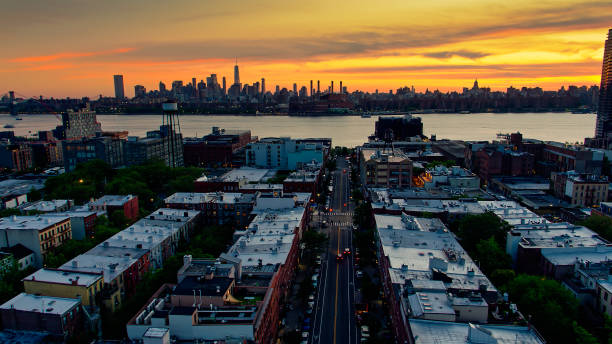 istock Drone Shot Looking Down Greenpoint Avenue in Brooklyn at Sunset 1326326969