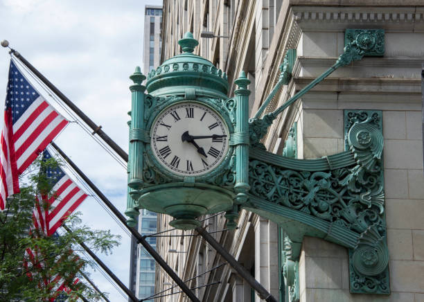 June 29, 2021, Chicago, IL, USA:  Famous Marshall Field's clock in downtown Chicago Loop district.