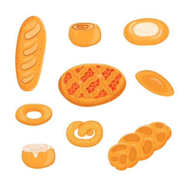 흰색 배경에 격리 된 베이커리 제품 세트의 벡터 그림입니다. - twisted cheese biscuit pastry stock illustrations