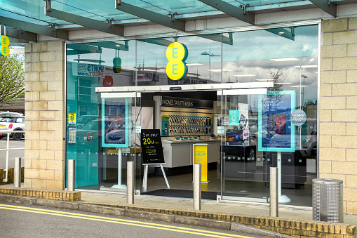 Talbot Green, Wales - May 2018: Entrance to a branch of the EE chain of mobile phone shops