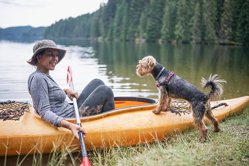 Woman standing in kayak and her dog greets her on the shore lake.