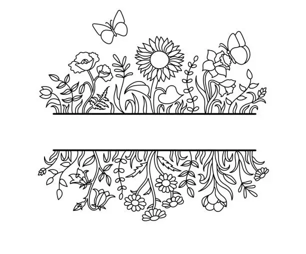 Vector illustration of Frame with wildflowers in a hand drawn line art style.