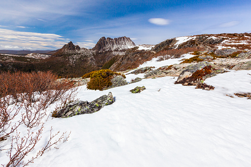 The Overland Track at Cradle mountain, Tasmania, with snow river