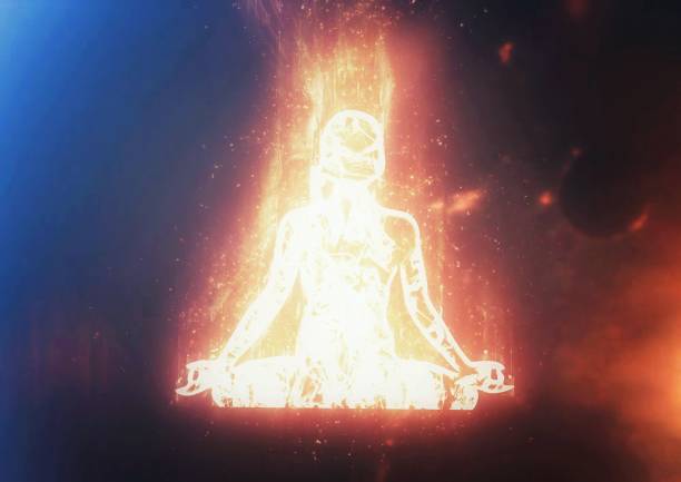 silhouette einer frau, die meditiert - god of fire stock-fotos und bilder
