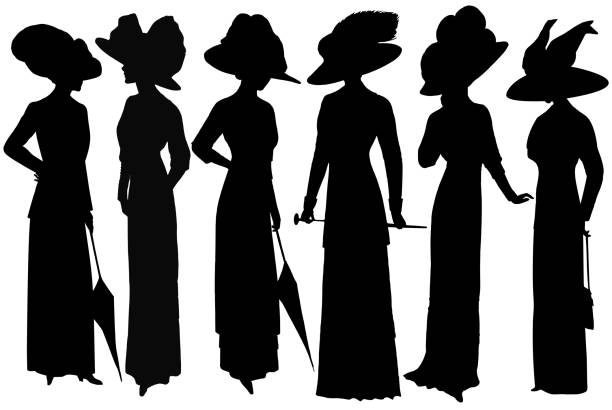 женщины силуэт старинные шляпы платье изолированы на белом фоне - human face child back lit old fashioned stock illustrations