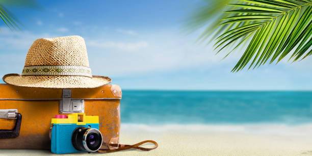 винтажный чемодан, ретро-камера и соломенная шляпа на пляже перед морским пейзажем - passport old usa id card стоковые фото и изображения