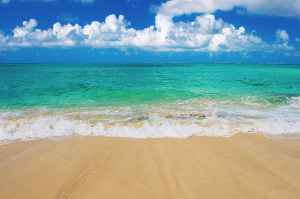 istock Sand beach turquoise sea blue sky with white clouds 1326339638