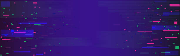 ilustraciones, imágenes clip art, dibujos animados e iconos de stock de fondo de píxeles glitch. banner ancho de ruido de datos. efecto de desintegración con píxeles de color. distorsión abstracta digital y líneas. efecto de pantalla cyberpunk. ilustración vectorial - videojuego