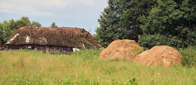 Eastern Europe, Republic of Belarus, Kachanovichi village, Pinsk district, Brest region. Old houses with thatched roofs.