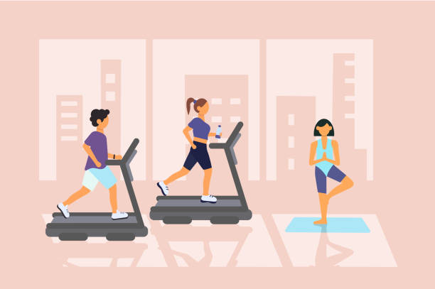 Sports and Fitness Gym Sports and Fitness Gym. Vector illustration. People jogging on treadmill, cardio exercise, yoga. gym illustrations stock illustrations