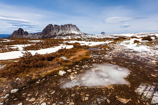 The Overland Track at Cradle mountain, Tasmania, with snow and ice.