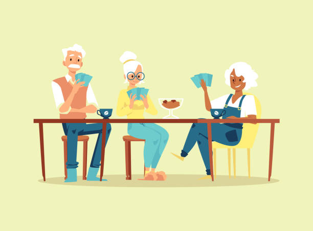 Old people play in card game sitting at table at home or retirement center. Old people play in card game sitting at table. Seniors family or elderly friends together spend time at home or retirement center. Entertainment for pensioners. Vector illustration friends playing cards stock illustrations