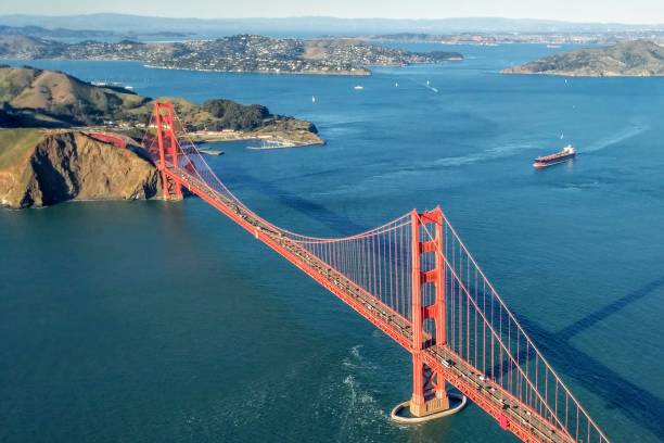 Chrysopylae View of the Golden Gate bridge from the sky. golden gate bridge stock pictures, royalty-free photos & images