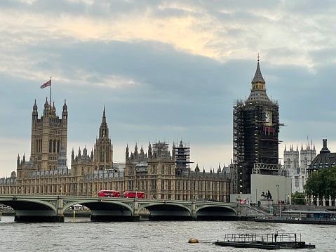 The UK Houses of Parliament in London  - ongoing renovations mean that iconic Big Ben clock tower and parts of the building will be covered in scaffolding for several years