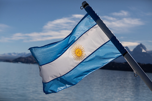 National flag and ensign of Argentina with Sun of May, or Official Flag Ceremony. Stylized I.