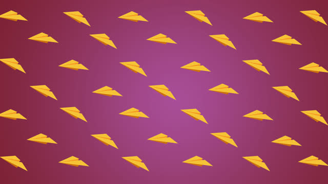 Digital animation of multiple yellow paper planes icons floating against pink background