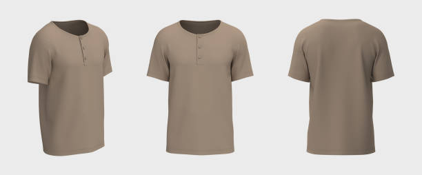 istock Blank short-sleeve henley t-shirt mockup. Front, back and side views 1326351386
