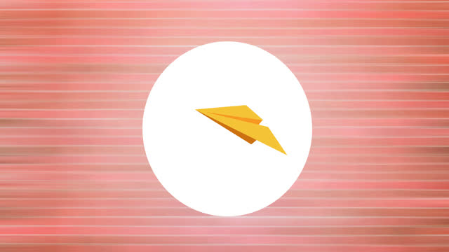 Digital animation of paper plane icon over white circular banner against striped pink background