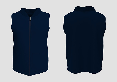 Blank vest jacket mockup in front and back views, 3d illustration, 3d rendering