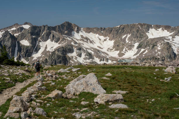 istock Woman Hikes Alongside Alpine Meadow High in the Teton range 1326353098