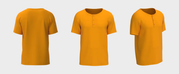 istock Blank short-sleeve henley t-shirt mockup. Front, back and side views 1326353828