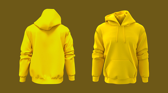 Blank hooded sweatshirt mockup for print, isolated on yellow background, 3d rendering, 3d illustration