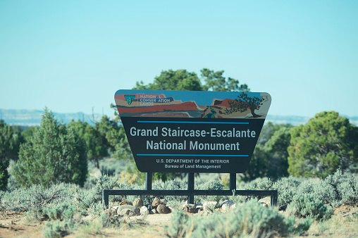 Teasdale, Utah - May 12, 2021: Sign for Grand Staircase - Escalante National Monument on Highway 12 near Teasdale, Utah.