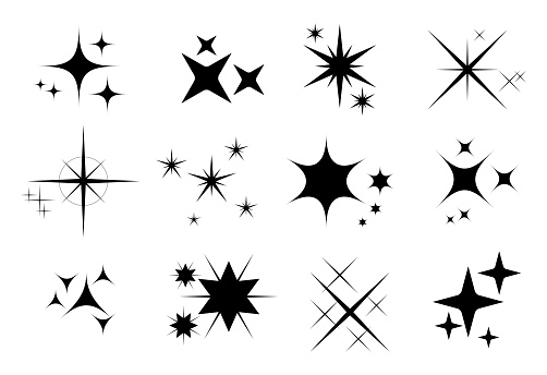 set of sparkles template icons isolated or sparkles line bright fireworks or twinkle shiny flash star glowing light or collection black sparkle icon concept. eps vector