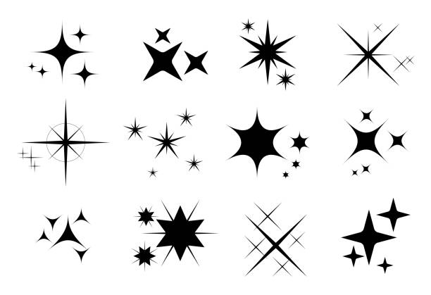 set of sparkles template icons isolated or sparkles line bright fireworks or twinkle shiny flash star glowing light or collection black sparkle icon concept. eps vector - 星型 幅插畫檔、美工圖案、卡通及圖標