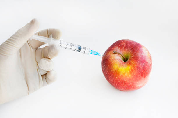 injection into red apple - genetically modified fruit and syringe with red chemical. gmo food. laboratory research and fruit selection. genetically modified products concept. - injecting healthy eating laboratory dna imagens e fotografias de stock